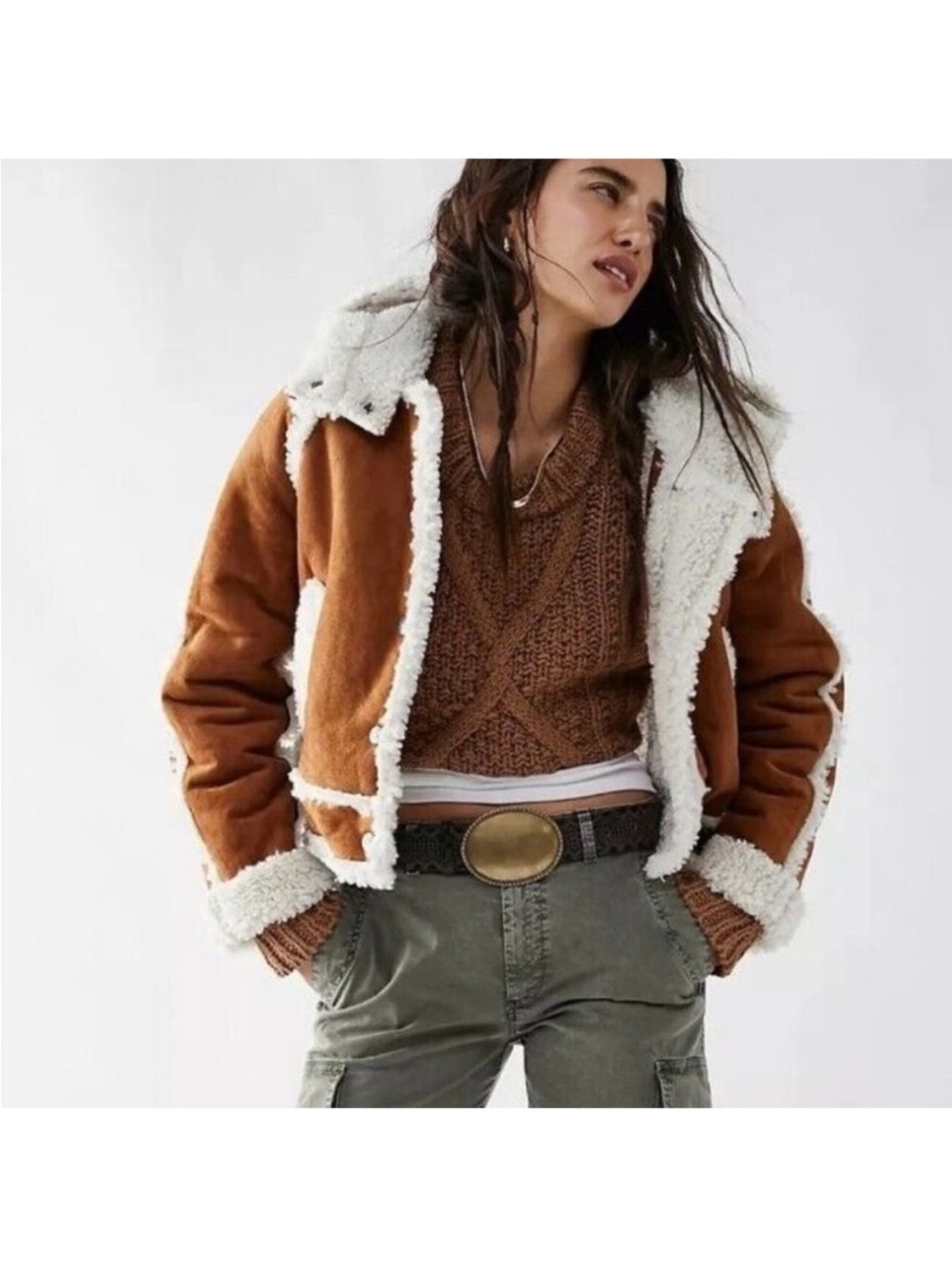 We The Free Camel Brown Suede Shearling  Jacket